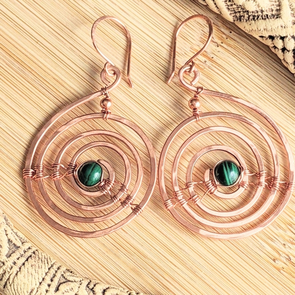 Industrial Urban Copper Spiral Earrings Natural Malachite Gems Earthy Bold - Picture 9 of 12